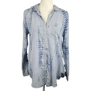 Heihei Blue & White Stripe Blotch Print Button Up Long Sleeve Top Size Medium